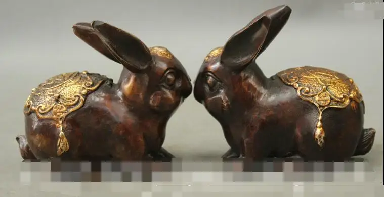 

S06677 Chinese Auspicious Bronze Gilt Wealth Cai Fu Year Zodiac Rabbit Art Statue Pair discount 30% (C0324)