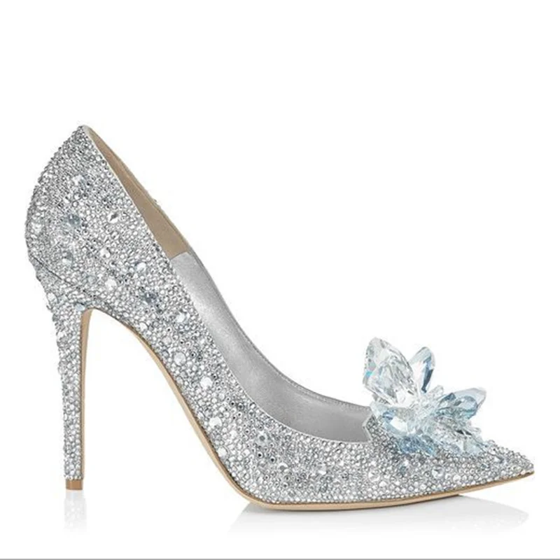

New Cinderella Crystal Shoes Silver Rhinestone Wedding Shoes Bridal Pointed High Heels Stiletto Wedding Shoes Single Shoes.