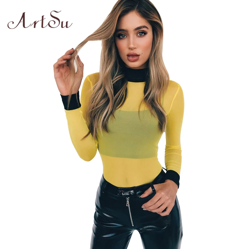 ArtSu Turtleneck Bodysuit Women Sexy Transparent Mesh Patch 2017 Jumpsuit Body Feminino Long Sleeve Romper Overalls ASJU30158 Body : image ArtSu Turtleneck Bodysuit Women Sexy Transparent Mesh Patch 2017 Jumpsuit Body Feminino Long Sleeve Romper Overalls ASJU30158 Body