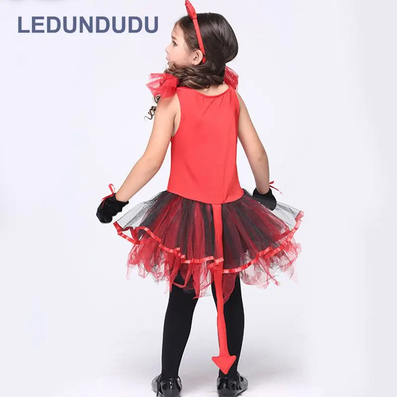 Kids Little Devil Halloween Party Cosplay Costume Girls Red Horror Phantom Cosplay Dress with Arrows Tail (3)