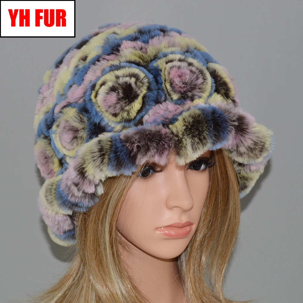 

2019 New Winter Luxury Women Flowers 100% Natural Rex Rabbit Fur Hats Warm Knitting Real Rex Rabbit Fur Caps Fur Beanies Hats