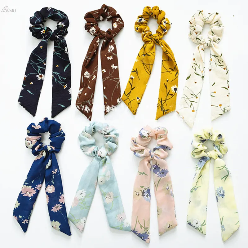

AOMU Fashion Chiffon Bow Streamers Hair Ring Ribbon Women Hair Bands Scrunchies Ponytail Girl Holder Rope Hair Accessories