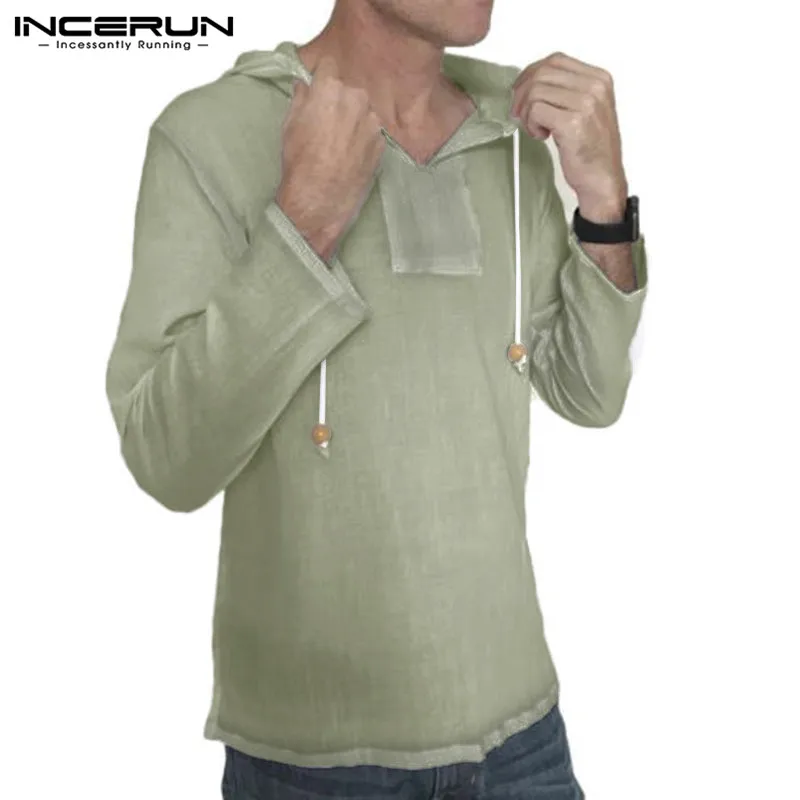 INCERUN 2019 الخريف الرجال قميص مقنعين طويلة الأكمام 100% القطن الصلبة عارضة قمصان الرجال فضفاض الشارع الشهير قمم camisa الغمد S-3XL