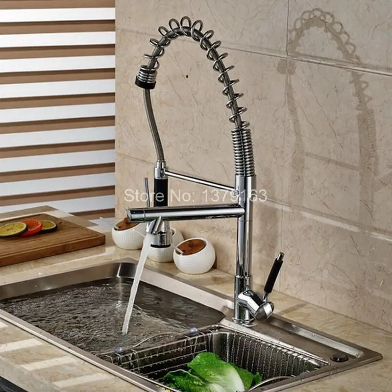 Polished Chrome Commercial Home Pull Out Spray Swivel Spout Single Hole Kitchen Sink Mixer Tap Faucet