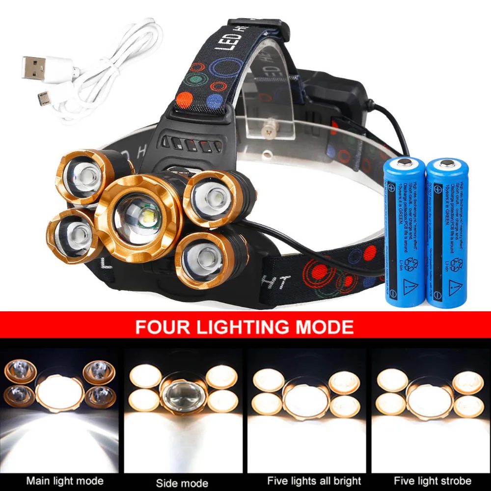 Outdoor Waterproof 15000LM 5-LED T6 USB LED Headlamp Rechargeable Zoom HeadLight 5 Modes Torch + 18650 Battery Cable | Освещение