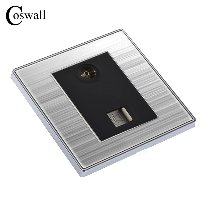 

COSWALL Luxury Wall Telephone Socket With TV Outlet Enchufe Stainless Steel Brushed Silver Panel Fone Plug Soquete