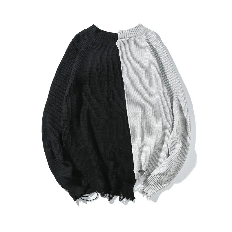 

Oversized Ripped Hole Patchwork Knitted Sweater Men Women Autumn Winter Hip Hop Irregular Design Pullover Harajuku Knitwear