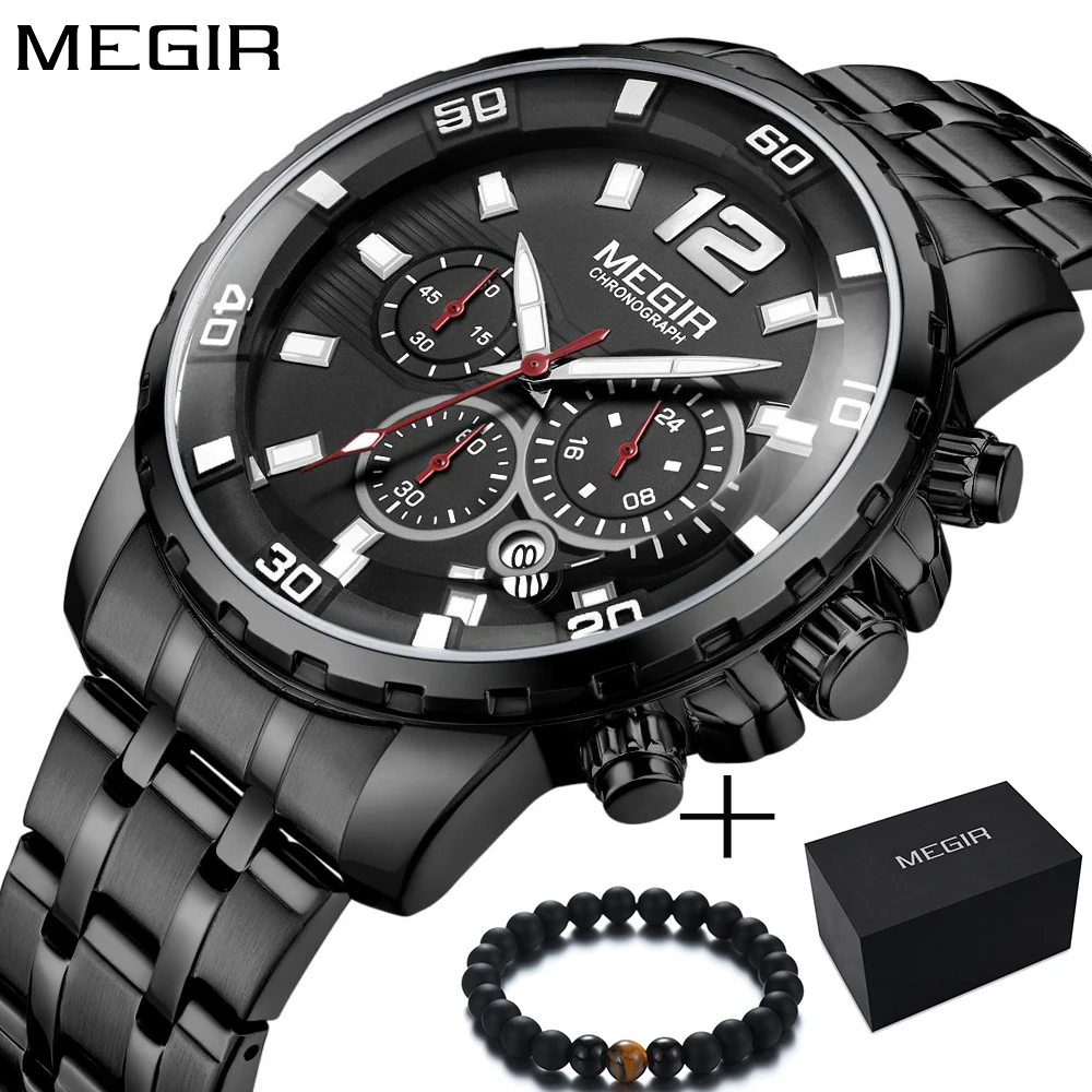 

Megir New Business Watch Luxurymen Big Dila Chronograph Quartz Sport Watch Men Steel Men's Wrist Watches Mens Militray Clock Man