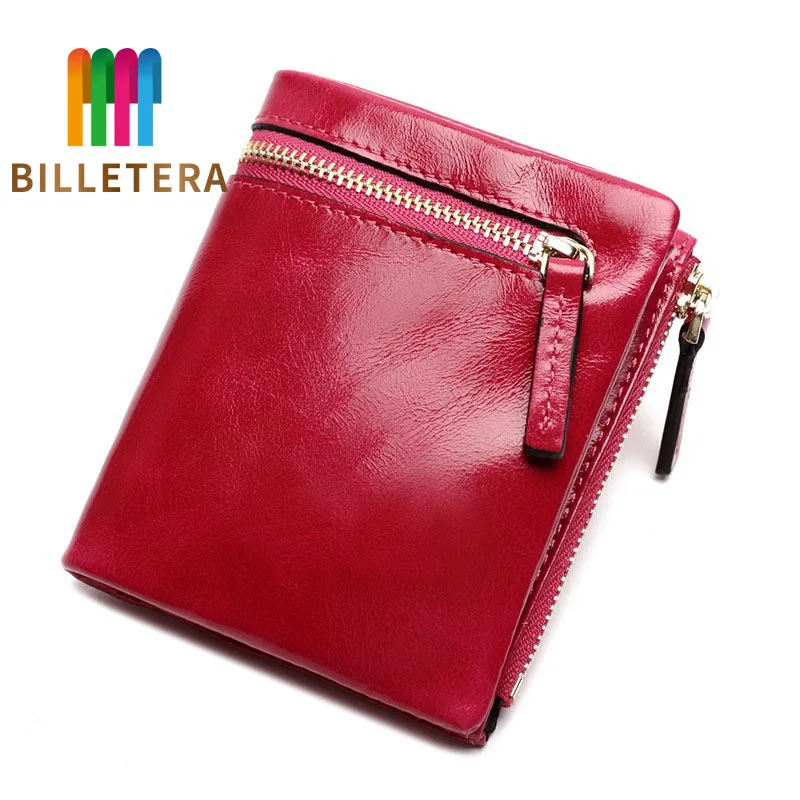 

BILLETERA Lady's Short Zipper Wallet with Top Layer Oil Wax and Cowhide 2-fold Genuine Leather Handbag