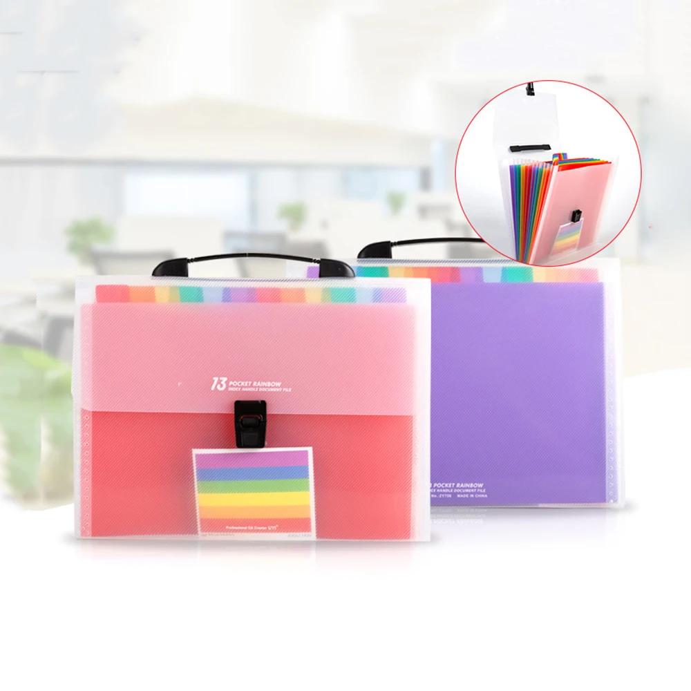 

Handheld Rainbow Color Accordion Expending File Folder Document Organizer Bag 13 Pockets A4 Size for Business Paper Storage