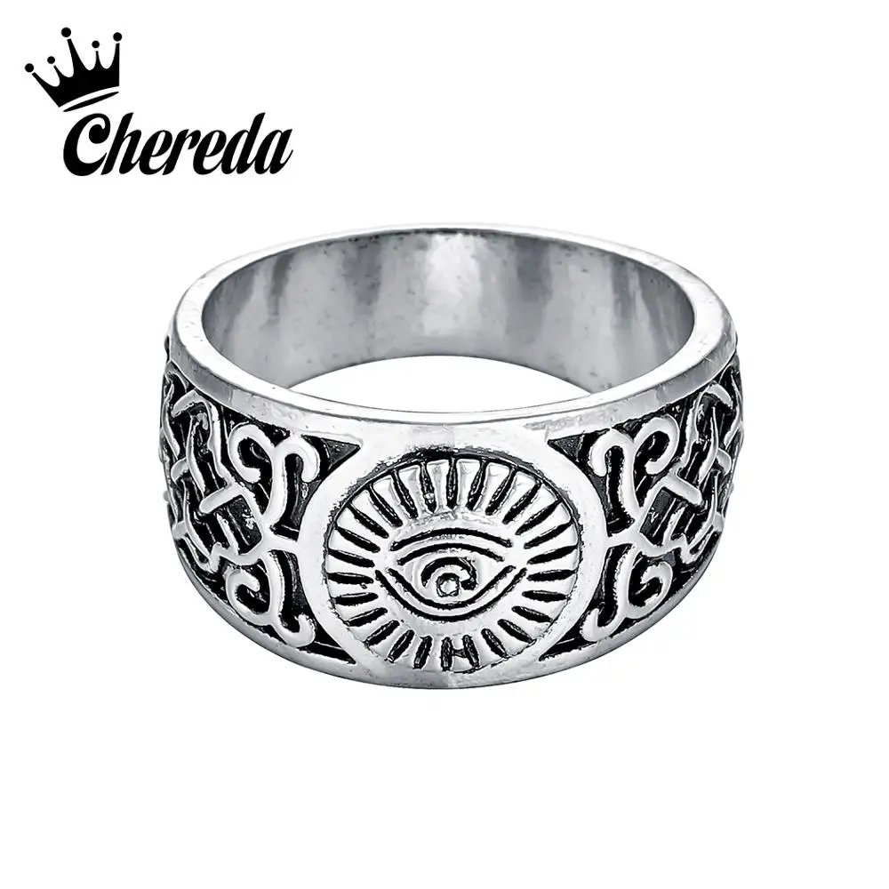

Chereda Vintage Eye Men Wide Rings for Male Thumb Engraving Unique Signet Ring Personality Antique Silver Jewelry