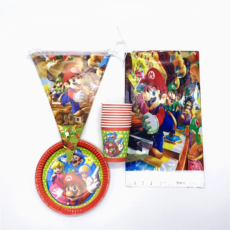 61 Pcs Lot Super Mario Bros Party Banners Cups Plates Tablecloth