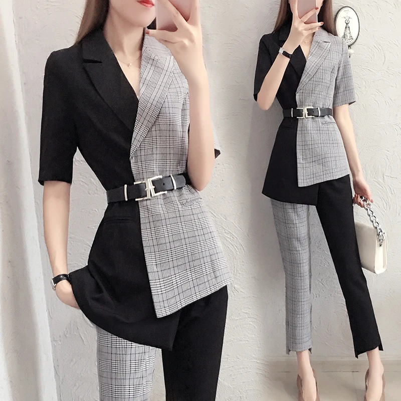 

Autumn Patchwork Two Piece Set Top And Pants Plaid Irregular Year-old Female Costume Woman Suit Ensemble Femme Deux Pieces