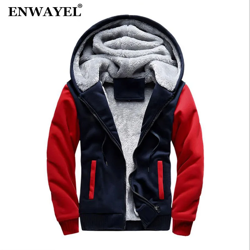 

ENWAYEL Autumn Winter Hoodies Sweatshirt Men Casual Men Hooded Coat Fashion Thick Velvet Warm Male Fur Coat Korean Patchwork