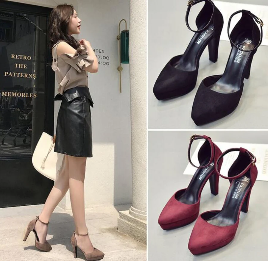 Sandales Pointu En Boucle vin forme Daim Mot Femelle Plate Épais kaki Talons Dames Hauts D'été Noir Rouge Talon Étanche Nouvelles Chaussures 8ndA7wxq8