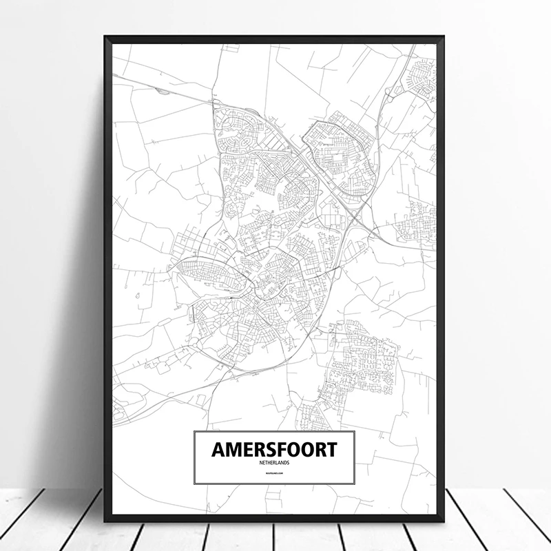 

Amersfoort, Netherlands Black White Custom World City Map Poster Canvas Print Nordic Style Wall Art Home Decor