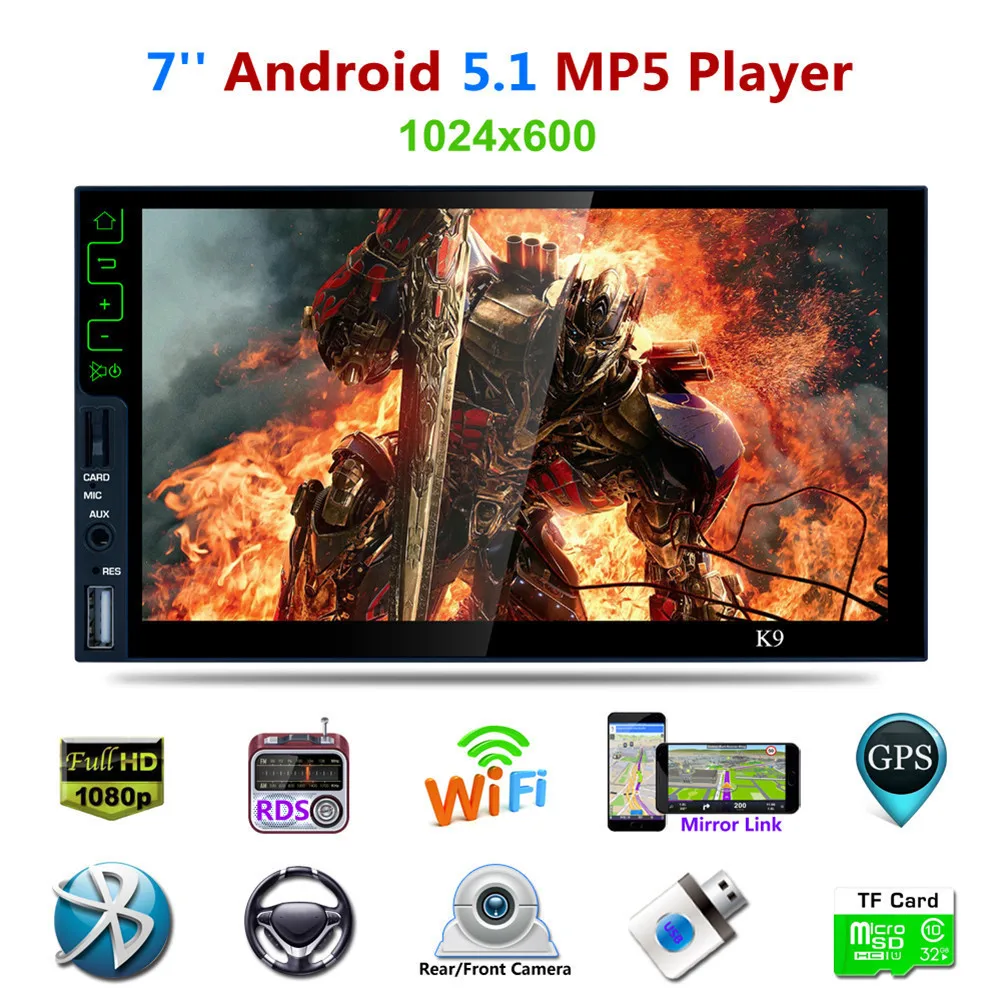 

7" 2 Din Capacitive Touch Screen K9 4 Core Android 5.1 Bluetooth Car Mp5 Player 3G Wifi GPS Navigation Car Radio DVD FM/AM/RDS