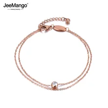 JeeMango нержавеющая сталь 2 слоя цепь и звено браслет розовое золото ювелирные изделия один CZ кристалл простой дизайн лучший подарок JB18178
