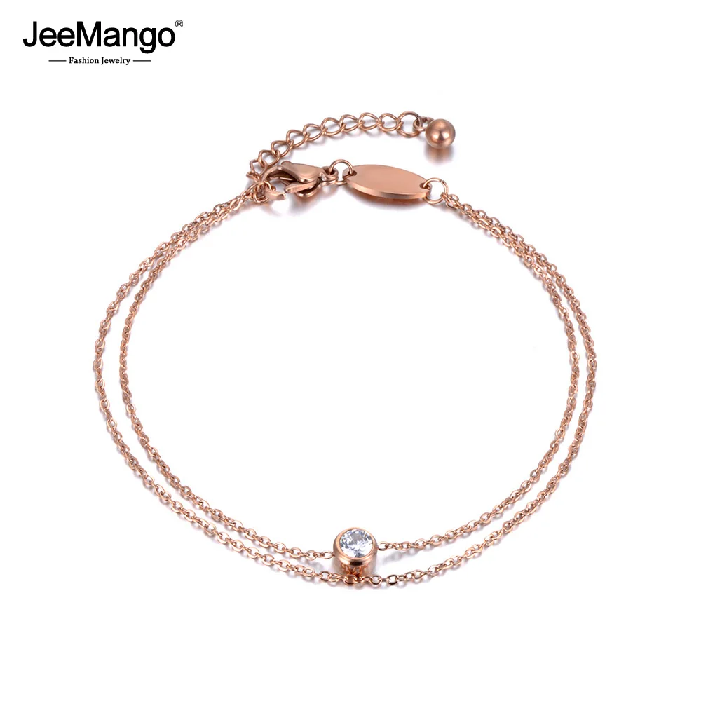 

JeeMango Stainless Steel 2 Layers Chain & Link Bracelet Rose Gold Jewelry Single CZ Crystal Simple Design Best Gift JB18178