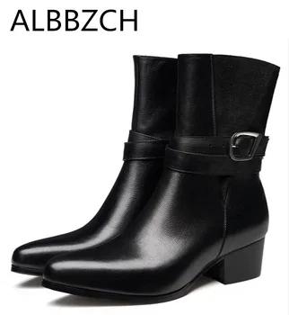 

Autumn winter genuine leather men boots high heels pointed toe fashion buckle design slip on mens warm business dress work boots