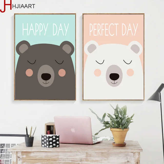 Kawaii Bear настенная Картина на холсте в скандинавском стиле минимализм животные