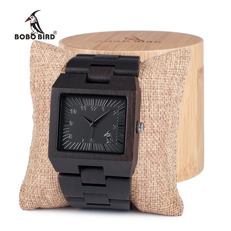 BOBO BIRD Ebony Wooden Rectangle Quartz Wrist Watch Mens Top Luxury Band with All Wooden Band in Gift Box relogio masculino