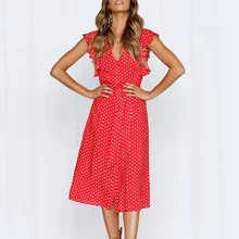 Boho White Dot Print Dress Women Casual Sleeveless V Neck Red Sundress Midi Dress female Beach A-line Dress Vestidos 2019 New v neck overlay dot print design playsuit in white