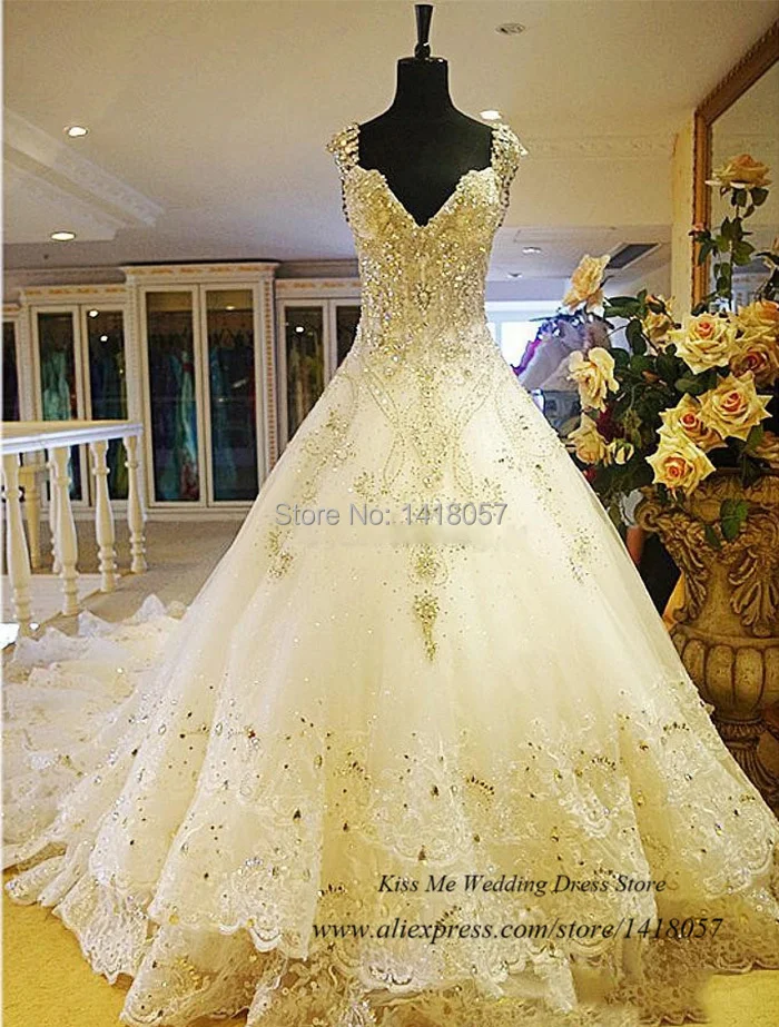 Real Sample Luxury Wedding Dress 2015 Rhinestones Crystals Lace Bridal Gowns Princess Royal Train Custom Vestido de Casamento