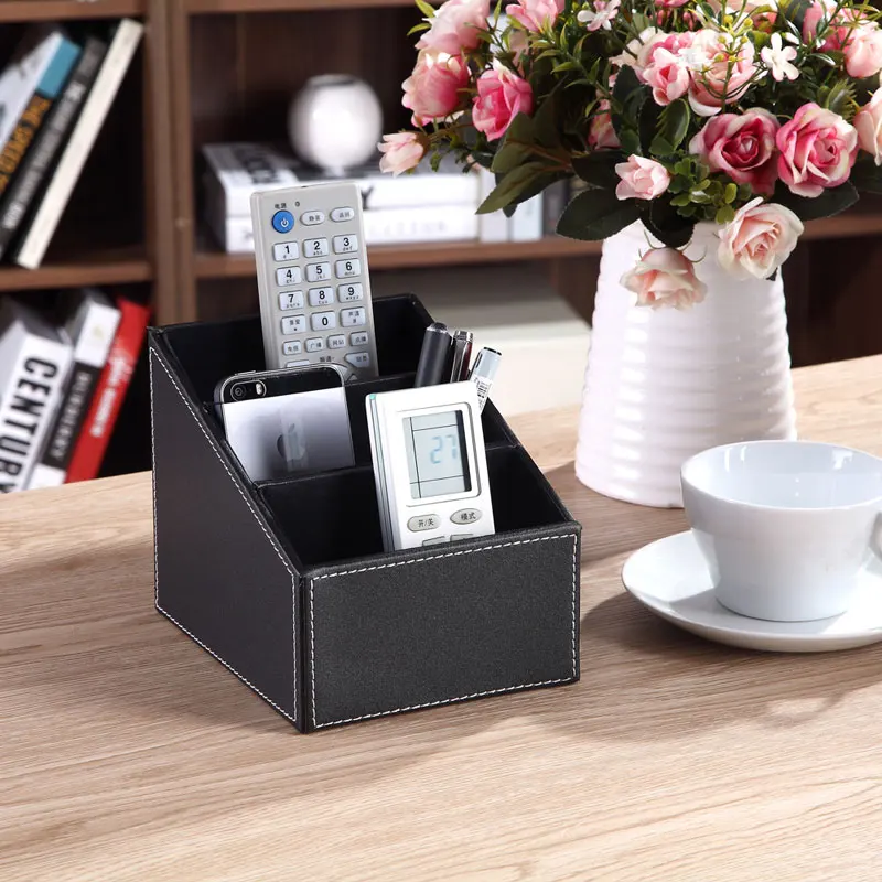 3 Cells Remote Control Holder Makeup Cosmetic Organizer Desk Office Organizer Retro PU Leather Stor