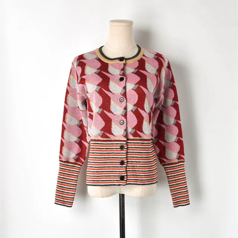 

Luxury Designer Brand Knitted Sweater for Women O Neck Gold Line Love Heart High Waist Striped Knitted Cardigans
