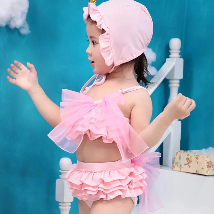 Г., Летний Детский бикини, милый купальник для малыша, для девочек, с рюшами, с бантом, костюм принцессы из двух предметов для плавания с шапкой, От 0 до 2 лет