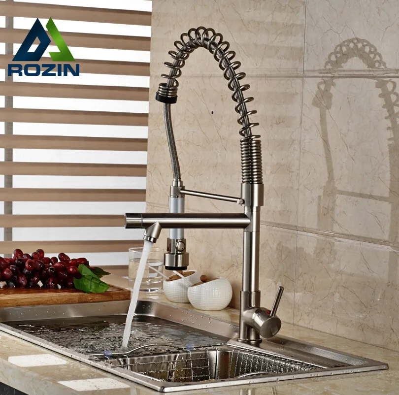 Brushed Nickel Pull Down Kitchen Faucet Dual Spout Rotation Kitchen Mixer Taps Single Handle