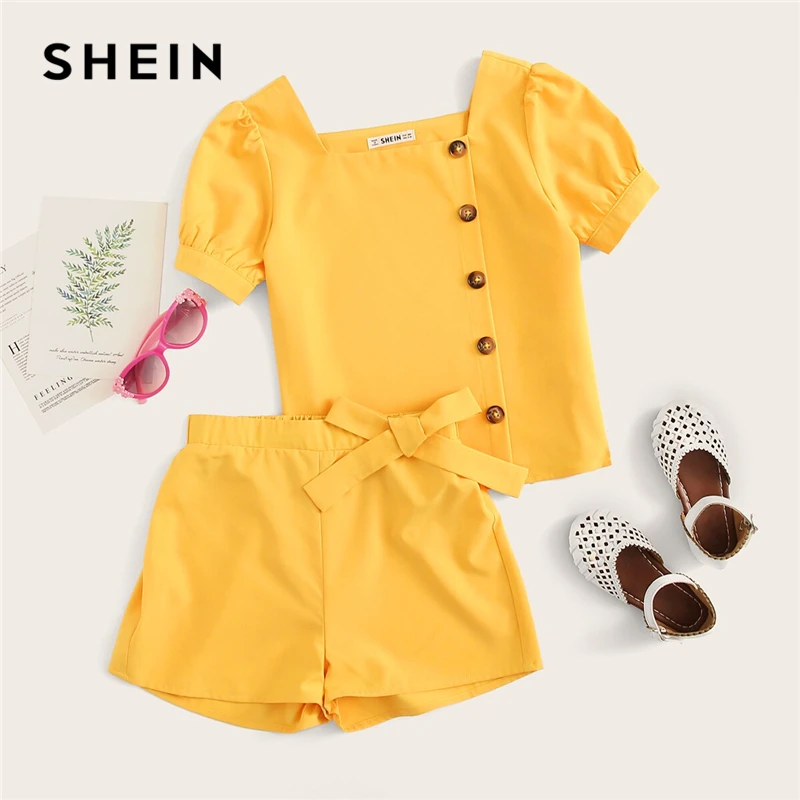 

SHEIN Kiddie Square Neck Button Up Blouse And Bow Shorts Girls Cute Set Kids 2019 Summer Puff Sleeve Children Two Piece Sets
