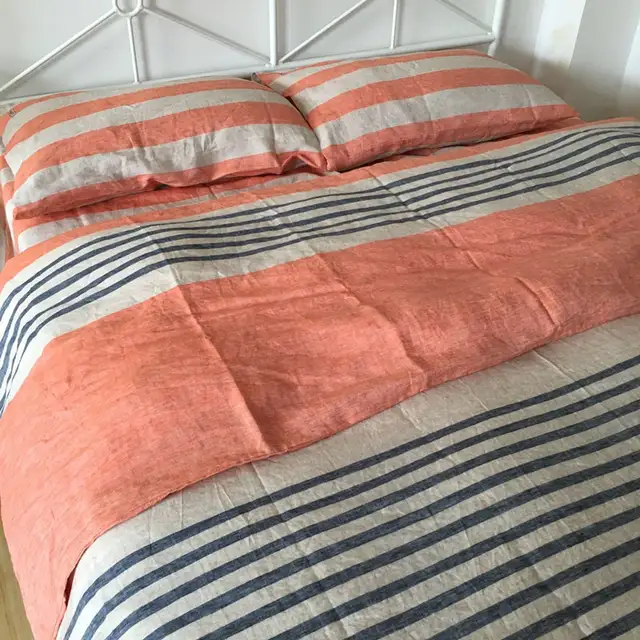 4pcs Washed Striped French Linen Duvet Cover Set King Linen