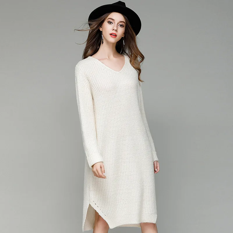 

Cross-border for 2017 Han Guodong door loose big yards long v-neck render unlined upper garment sweater knitted dress