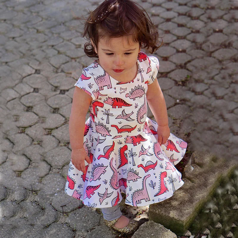 2017 Short Sleeve Cute Dinosaure Printed Girl Dress Clothes Summer Fashion Tiny Cottons Kids Dresses for Girls Costume | Детская одежда