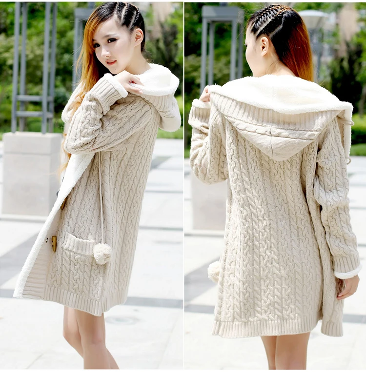 

Fashion women's plus velvet thick sweater autumn and winter large size hooded twist sweater cardigan coat to keep warm Slim Ms