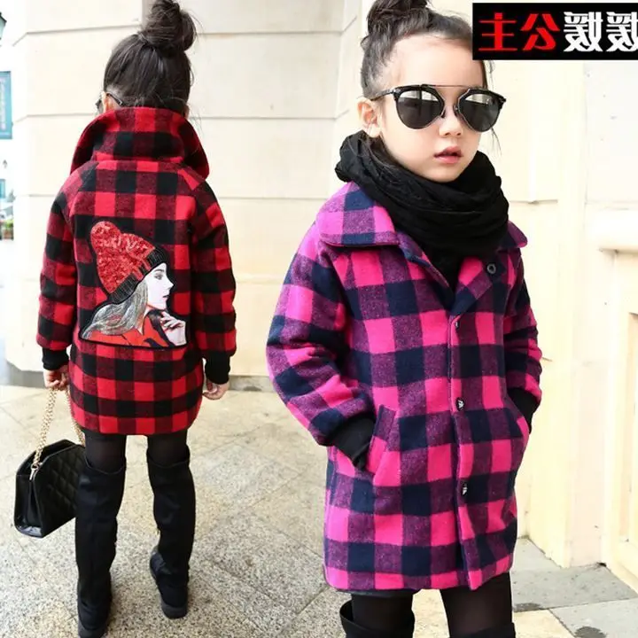 

Girls Fall and Winter Clothes Wool Cardigan Collar Windbreaker Children Personality Plaid Woolen Coat Kids Clothing Red Rose Red