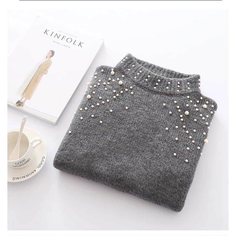 2019 Autumn Winter New Round Neck Pullover Loose Sweater Women's Pearl Decorative Sweater Lantern Sleeves Knitted Tops Wine Red 2019 Autumn Winter New Round Neck Pullover Loose Sweater Women's Pearl Decorative Sweater Lantern Sleeves Knitted Tops Wine Red