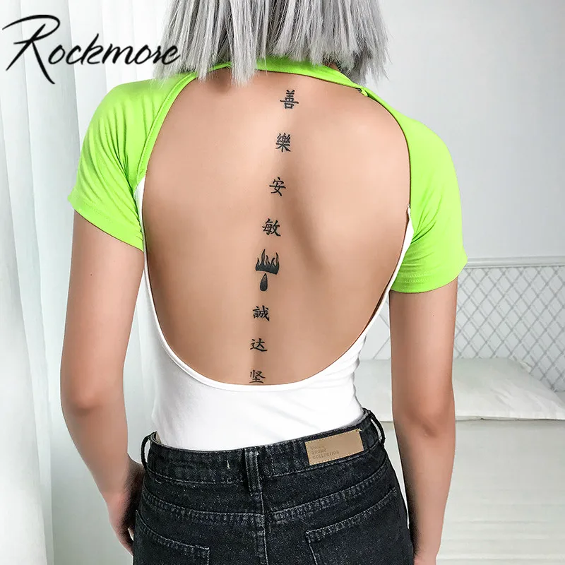 

Rockmore Hot Sale Bodycon Backless Bodysuit Women Contrast Color Short Sleeve Patchwork Jumpsuit Casual Ladies Romper Streetwear