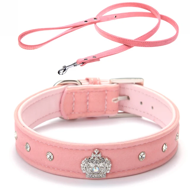 4 Colors Material Adjustable necklace Rhinestones Pet Cat Dog Crown Collar Soft Velvet Leash and Collar set  XS S M L