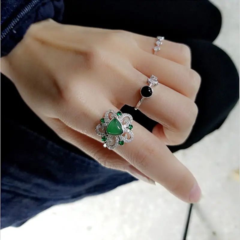 

Natural Green Onyx Flower Cuff Ring For Women In 100% Solid Sterling Silver 925 Elegant Luxury Natural Stone Jewelry Female Gift