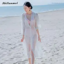 Кружева женский длинный кардиган Белый Лоскутная Пляж Cover Up Для женщин Туника полые пляжная сокрытия летняя одежда для Для женщин
