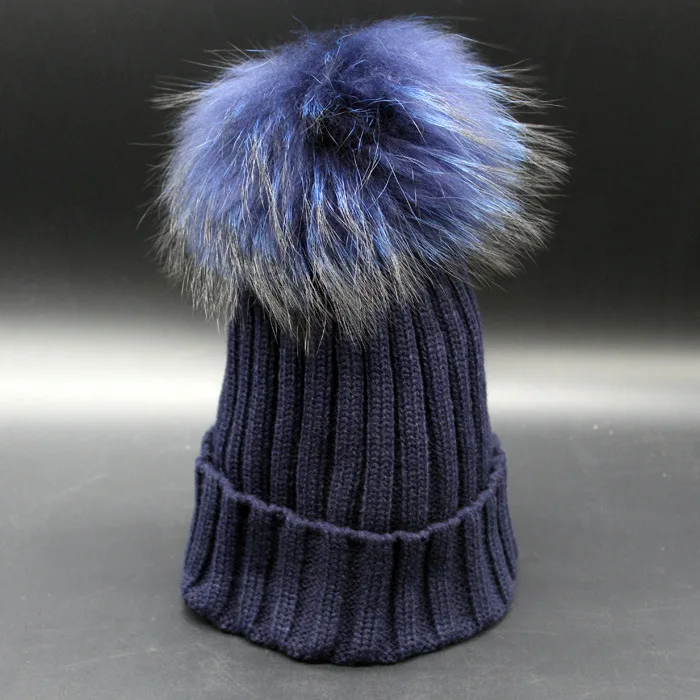 

new arrival gorgeous colorful knitted pom pom hat genuine real raccoon fur decorative pom pom fur hat red navy blue unisex hat