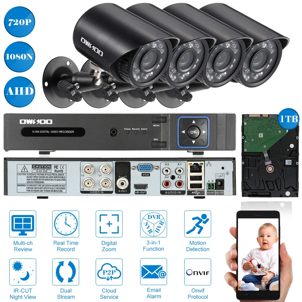 OWSOO 4CH Full 1080N Network DVR Security System Kit 4PCS 720P 1500TVL