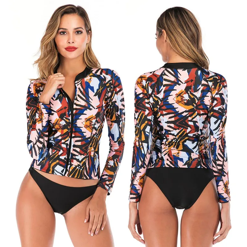 

V-neck Women Rash Guard Swimsuit Two Pieces Long Sleeve Half-zipper Suit UV Protection Sunshade Swimwear For Surfing Diving