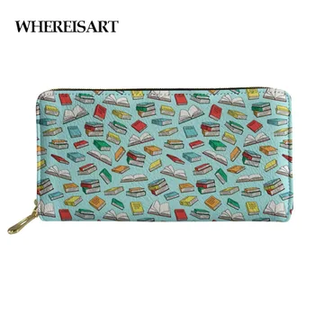 

WHEREISART Books on Blue Print Card Holder Zipper Coin Female Fashion Wallet Colorful Books Pattern Long Wallet Bolsa Feminina