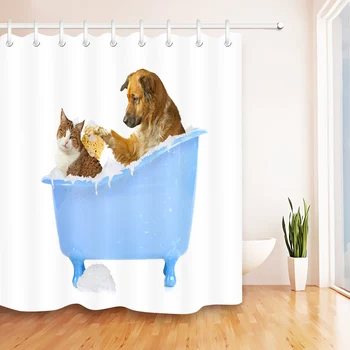 

LB Waterproof Funny White Shower Curtains Bathroom Curtain Dog And Cat in a Light Blue Bathtub Polyester Fabric for Home Decor
