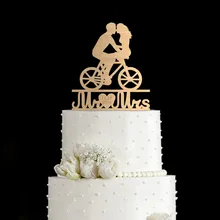 Персонализированные Жених невесты Свадебный торт Топпер Романтический Деревянный Mr Mrs велосипедный Выгравированный торт Топпер декор для вечеринки