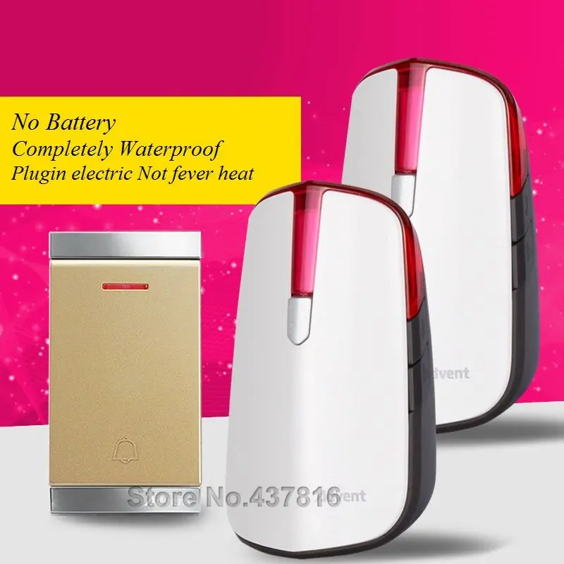 

Household Wireless Doorbell,1 Transmitter+2 Receivers, No Need Battery Completely Waterproof Plugin Electric Not fever heat
